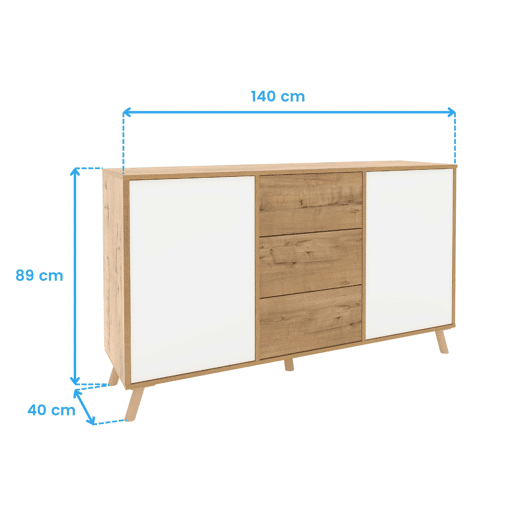 Aparador Oslo para sala de estar, móvel auxiliar para sala de jantar com 3 gavetas e 2 portas, carvalho dourado e branco fosco, 140x89x40 cm
