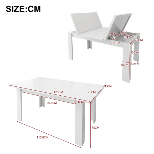 Mesa de jantar 120x70 cm - Mesa retangular com arrumação, mesa multifuncional, design moderno - Branco