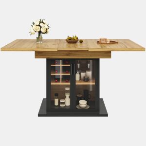 Mesa extensível 110-140x80 cm - Mesa de cozinha dobrável para 4-6 pessoas com prateleira para vinho e porta de vidro - Preta