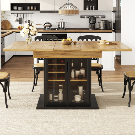 Mesa extensÃvel 110-140x80 cm - Mesa de cozinha dobrável para 4-6 pessoas com prateleira para vinho e porta de vidro - Preta Mesa extensÃvel 110-140x80 cm - Mesa de cozinha dobrável para 4-6 pessoas com prateleira para vinho e porta de vidro - Preta