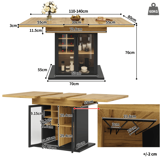 Mesa extensÃvel 110-140x80 cm - Mesa de cozinha dobrável para 4-6 pessoas com prateleira para vinho e porta de vidro - Preta Mesa extensÃvel 110-140x80 cm - Mesa de cozinha dobrável para 4-6 pessoas com prateleira para vinho e porta de vidro - Preta