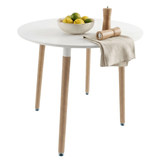 Mesa de cozinha fixa redonda Copi, mesa de jantar em melamina branca fosca e carvalho, 80x75x80 cm