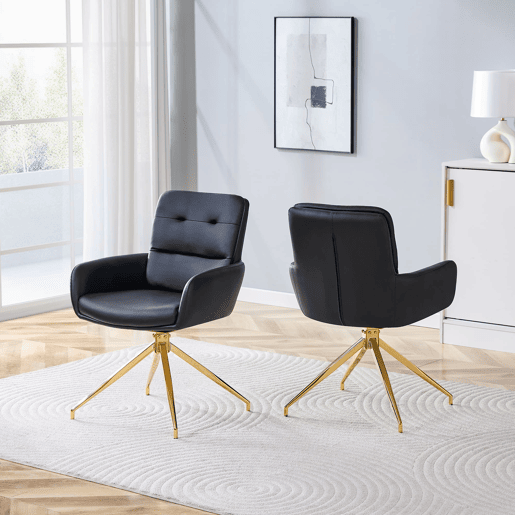 Cadeira giratória 2 unidades - Design luxuoso e leve, PU preto, pernas em metal dourado, 360° - PretoDourado