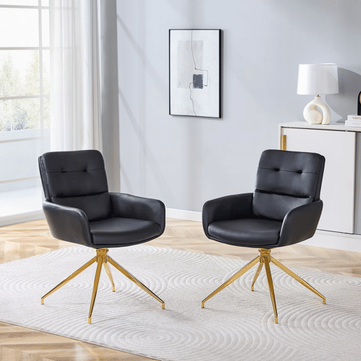 Cadeira giratória 2 unidades - Design luxuoso e leve, PU preto, pernas em metal dourado, 360° - PretoDourado