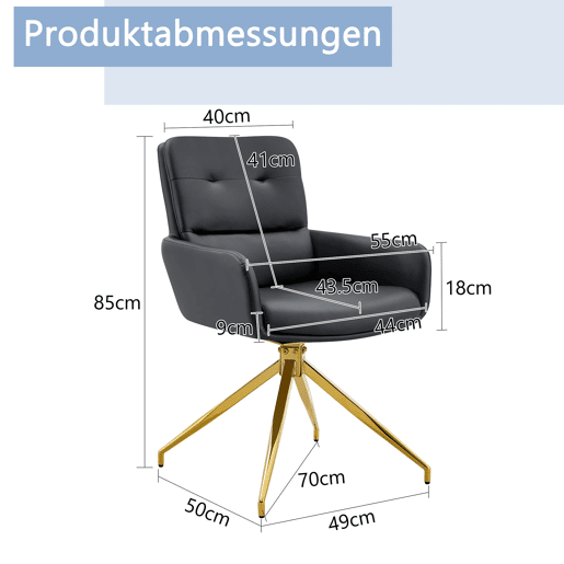Cadeira giratória 2 unidades - Design luxuoso e leve, PU preto, pernas em metal dourado, 360° - PretoDourado