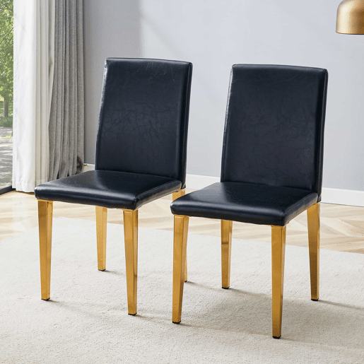 Conjunto de 2 cadeiras de jantar - design minimalista em PU preto com pernas metálicas douradas - preto e dourado