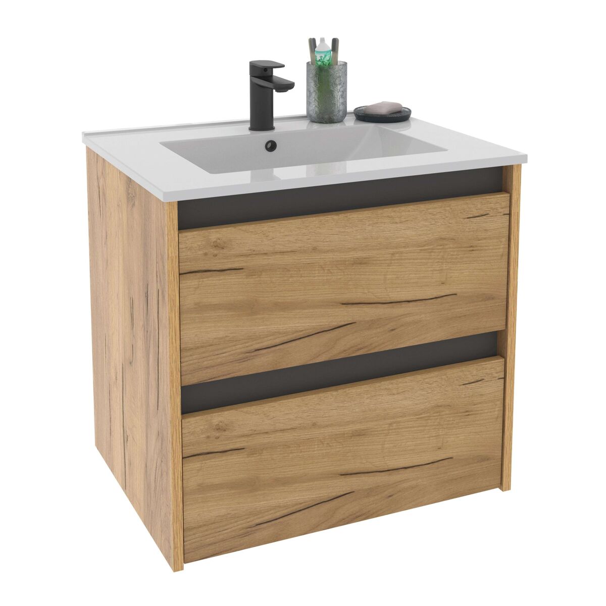 Mueble de baño suspendido 60 cm nilo roble kraft y gris 2 cajones 60x60x46 cm (sin lavabo)