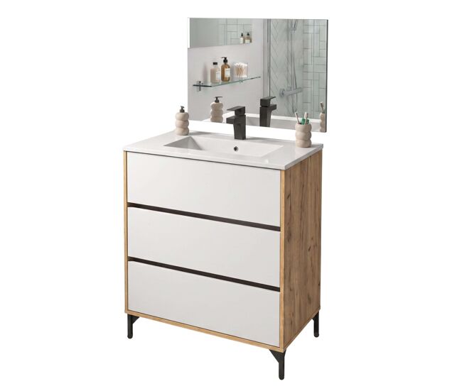 Mueble de baño para lavabo 80 cm elba 3 cajones guías metálicas blanco mate y roble kraft (lavabo cerámico)