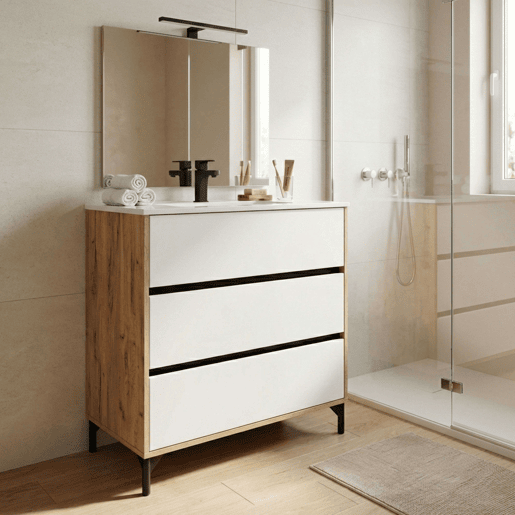 Móvel de banheiro Elba de 80 cm com 3 gavetas, corrediças metálicas, acabamento em branco fosco e carvalho kraft (pia de cerâmica)