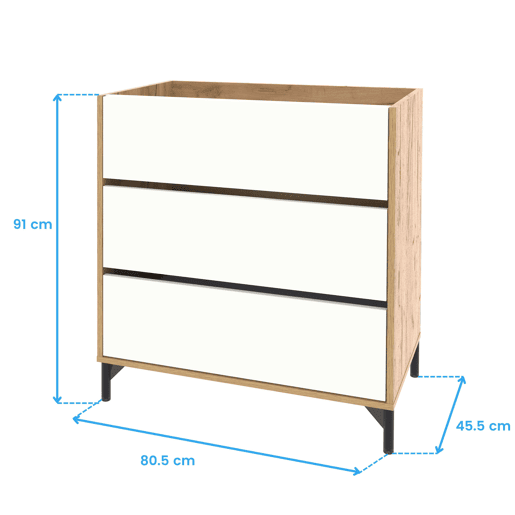 Móvel de banheiro Elba de 80 cm com 3 gavetas, corrediças metálicas, acabamento em branco fosco e carvalho kraft (pia de cerâmica)