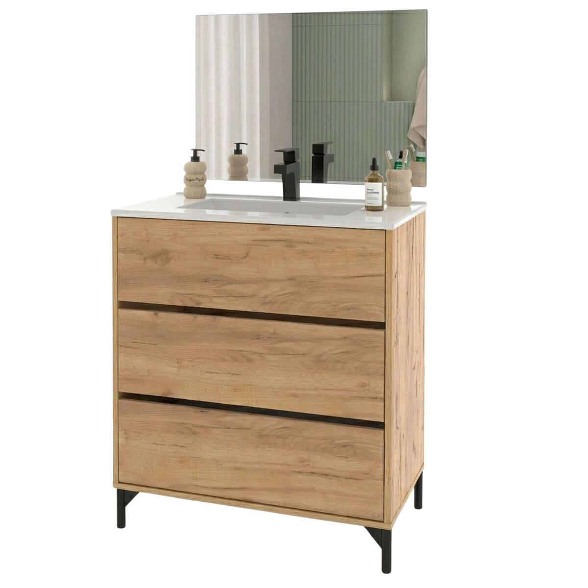 Mueble de lavabo Elba 3 cajones guías metálicas salva-sifón
