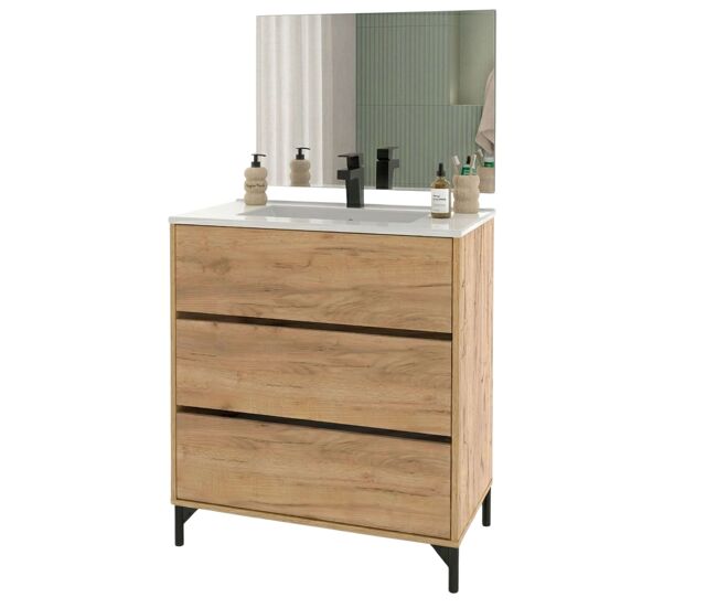 Mueble de baño para lavabo 80 cm elba 3 cajones guías metálicas roble kraft (lavabo cerámico)