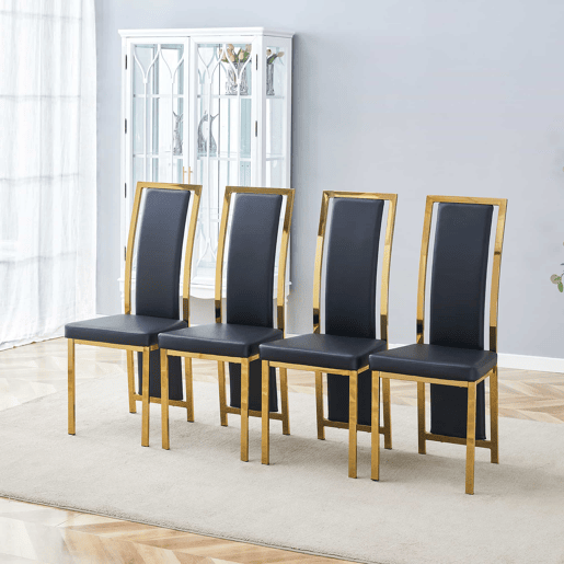 Cadeiras de sala de jantar 4 unidades 109 cm - design minimalista europeu, estofadas em PU preto com detalhes dourados e estrutura metálica dourada - Preto e Dourado