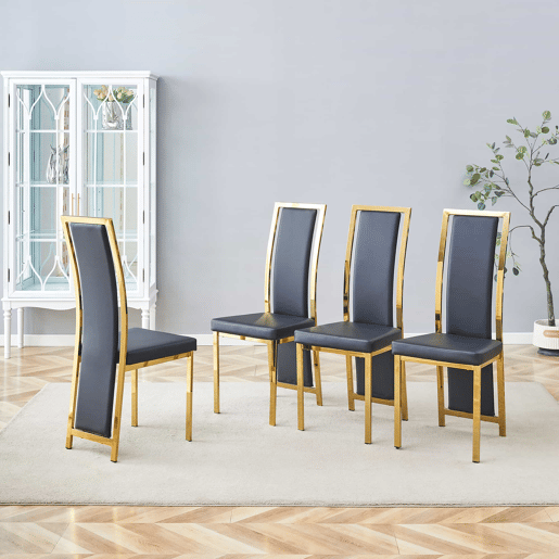 Cadeiras de sala de jantar 4 unidades 109 cm - design minimalista europeu, estofadas em PU preto com detalhes dourados e estrutura metálica dourada - Preto e Dourado