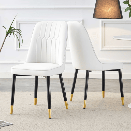 Conjunto de 2 cadeiras de jantar modernas - encosto em PU branco e pernas em metal preto - Branco+Preto