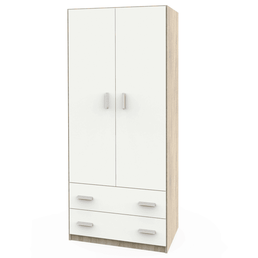Guarda-roupa juvenil para quarto com 2 portas e 2 gavetas, carvalho cambriano e branco fosco, 74x180x50 cm