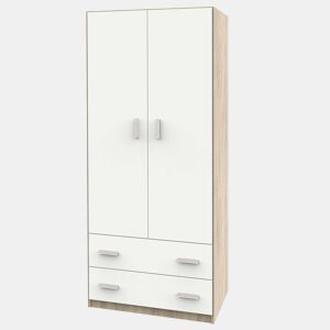 Guarda-roupa juvenil para quarto com 2 portas e 2 gavetas, carvalho cambriano e branco fosco, 74x180x50 cm
