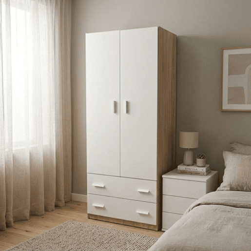 Guarda-roupa juvenil para quarto com 2 portas e 2 gavetas, carvalho cambriano e branco fosco, 74x180x50 cm