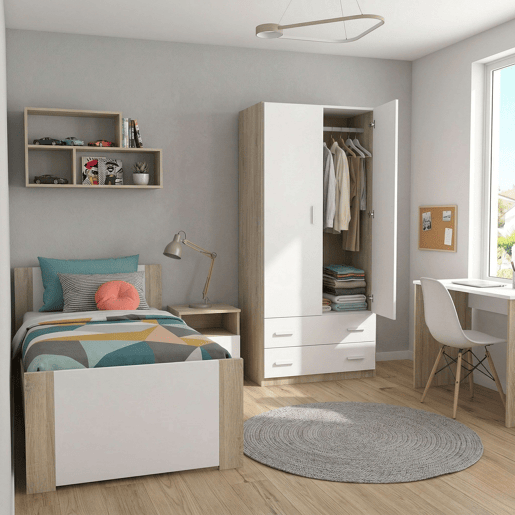 Guarda-roupa juvenil para quarto com 2 portas e 2 gavetas, carvalho cambriano e branco fosco, 74x180x50 cm