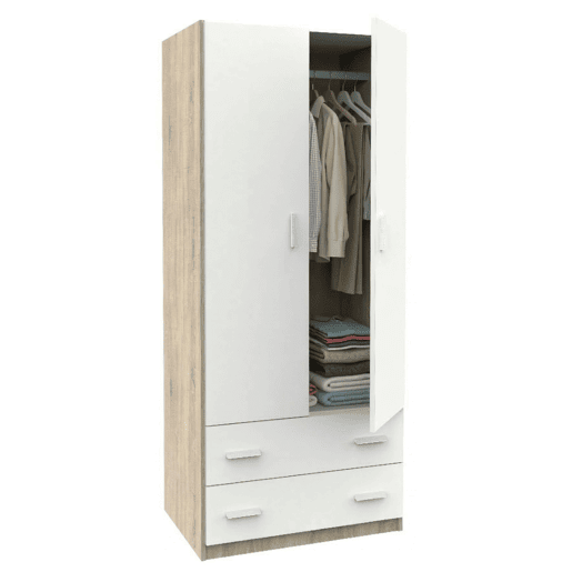 Guarda-roupa juvenil para quarto com 2 portas e 2 gavetas, carvalho cambriano e branco fosco, 74x180x50 cm