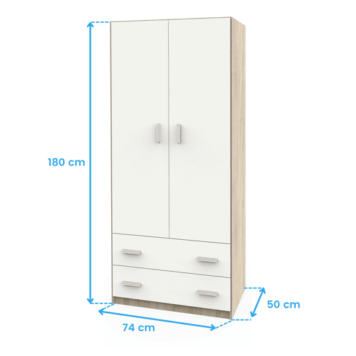 Guarda-roupa juvenil para quarto com 2 portas e 2 gavetas, carvalho cambriano e branco fosco, 74x180x50 cm