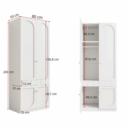 Roupeiro de 2 portas 80×50×200 cm - lacado, barra para pendurar roupa, gavetas, puxadores metálicos, mobiliário de quarto - branco Roupeiro de 2 portas 80×50×200 cm - lacado, barra para pendurar roupa, gavetas, puxadores metálicos, mobiliário de quarto - branco