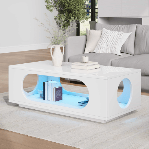 Mesa de centro com iluminação LED 100x50x35 cm - controlo por aplicação, MDF, capacidade de 30 kg, alto brilho, design com aberturas, amplo espaço de arrumação - Branco