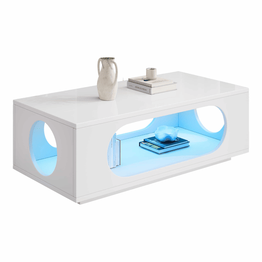 Mesa de centro com iluminação LED 100x50x35 cm - controlo por aplicação, MDF, capacidade de 30 kg, alto brilho, design com aberturas, amplo espaço de arrumação - Branco