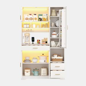 Armário de cozinha 185 x 105 x 40 cm - estilo celeiro, armário alto de arrumação com vitrina, prateleiras ajustáveis, gaveta, iluminação LED com mudança de cor e tomadas - branco