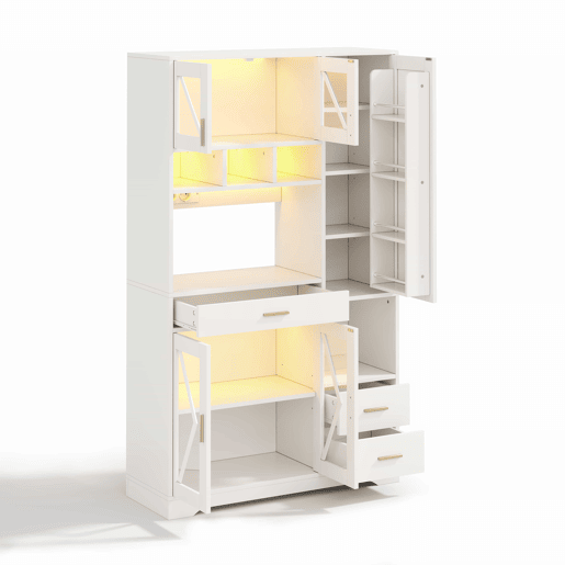 Armário de cozinha 185 x 105 x 40 cm - estilo celeiro, armário alto de arrumação com vitrina, prateleiras ajustáveis, gaveta, iluminação LED com mudança de cor e tomadas - branco