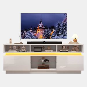 Móvel para TV 160 x 35 x 60 cm - suporte para TV de perfil baixo com prateleira em vidro temperado, acabamento de alto brilho, iluminação LED, MDF, adequado para TVs de 60 polegadas - branco