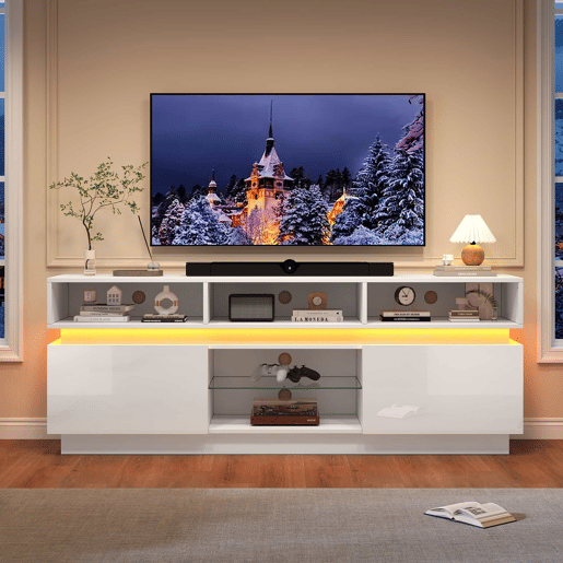 Móvel para TV 160 x 35 x 60 cm - suporte para TV de perfil baixo com prateleira em vidro temperado, acabamento de alto brilho, iluminação LED, MDF, adequado para TVs de 60 polegadas - branco