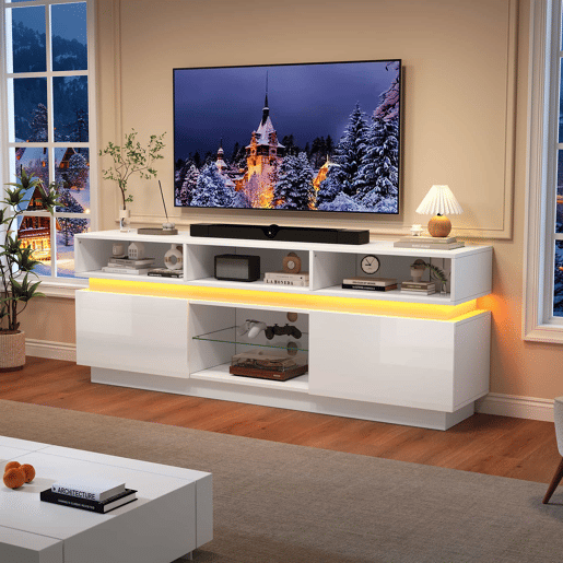 Móvel para TV 160 x 35 x 60 cm - suporte para TV de perfil baixo com prateleira em vidro temperado, acabamento de alto brilho, iluminação LED, MDF, adequado para TVs de 60 polegadas - branco