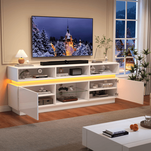 Móvel para TV 160 x 35 x 60 cm - suporte para TV de perfil baixo com prateleira em vidro temperado, acabamento de alto brilho, iluminação LED, MDF, adequado para TVs de 60 polegadas - branco
