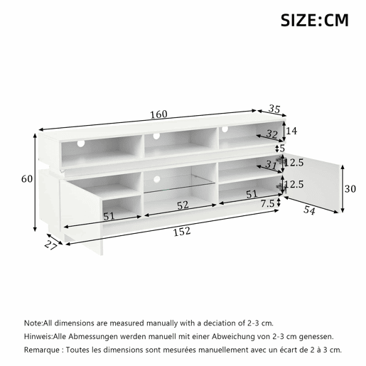 Móvel para TV 160 x 35 x 60 cm - suporte para TV de perfil baixo com prateleira em vidro temperado, acabamento de alto brilho, iluminação LED, MDF, adequado para TVs de 60 polegadas - branco