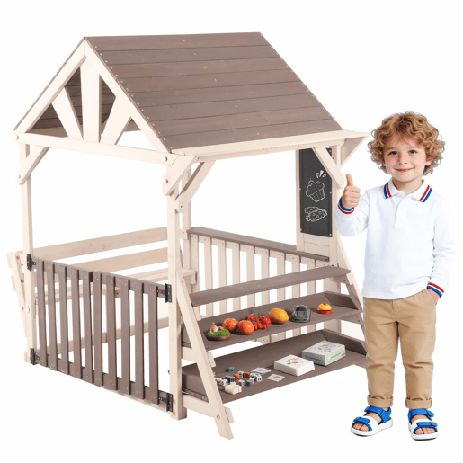 Cozinha infantil de exterior em madeira com formato de casinha - com telhado impermeável e grades semifechadas, prateleira multifuncional para plantas e brinquedos, adequada para crianças a partir dos 3 anos - Cinza + Bege