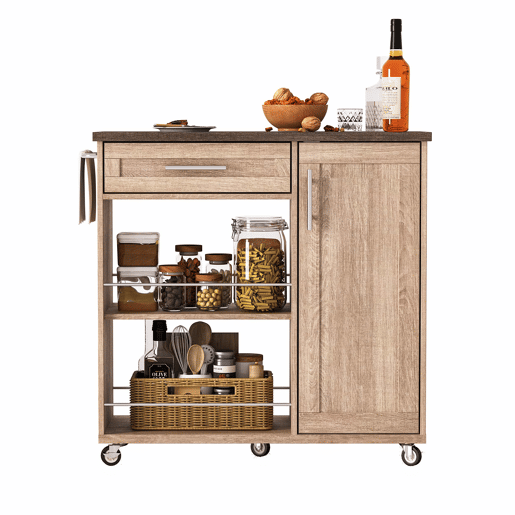 Carrinho de cozinha com rodas 90x40x90 cm - bancada com efeito de madeira, gaveta, armário, prateleiras abertas, toalheiro e rodas com travão - cor natural Sonoma carvalho