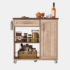 Carrinho de cozinha com rodas 90x40x90 cm - bancada com efeito de madeira, gaveta, armário, prateleiras abertas, toalheiro e rodas com travão - cor natural Sonoma carvalho
