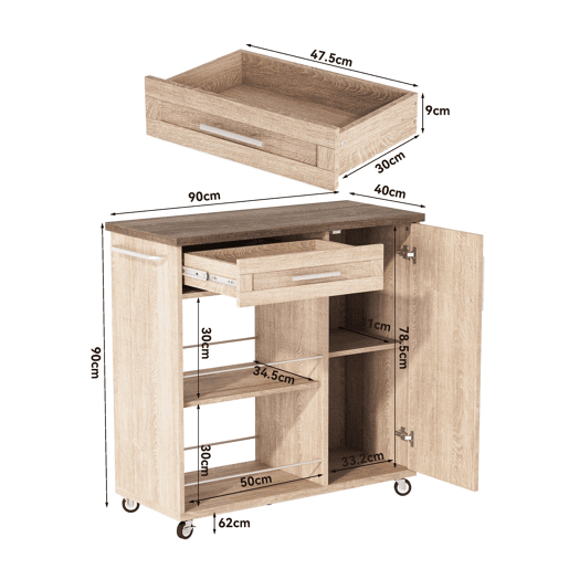Carrinho de cozinha com rodas 90x40x90 cm - bancada com efeito de madeira, gaveta, armário, prateleiras abertas, toalheiro e rodas com travão - cor natural Sonoma carvalho