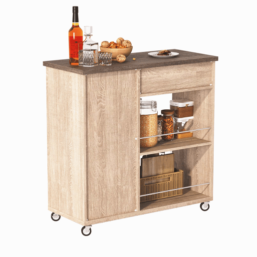 Carrinho de cozinha com rodas 90x40x90 cm - bancada com efeito de madeira, gaveta, armário, prateleiras abertas, toalheiro e rodas com travão - cor natural Sonoma carvalho