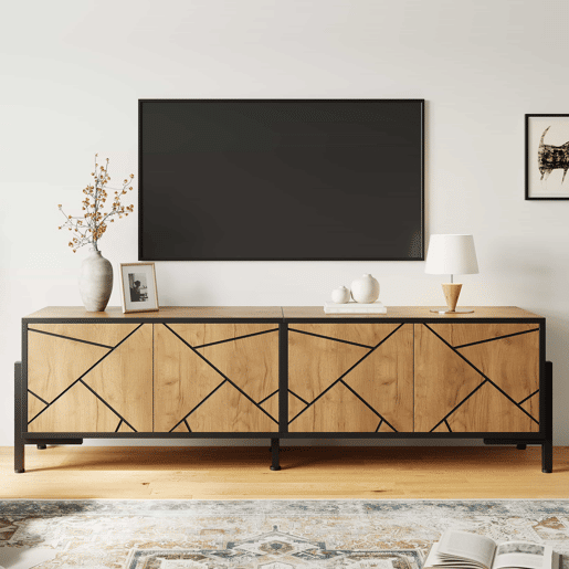 Móvel baixo para televisão 153 x 40 x 50 cm - 4 portas, design geométrico contrastante, adequado para televisores de 65 polegadas, linhas pretas - madeira natural