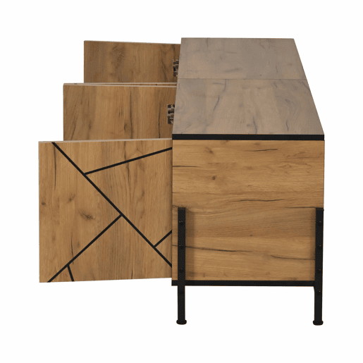 Móvel baixo para televisão 153 x 40 x 50 cm - 4 portas, design geométrico contrastante, adequado para televisores de 65 polegadas, linhas pretas - madeira natural
