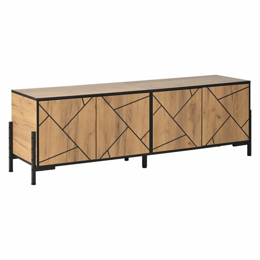 Móvel baixo para televisão 153 x 40 x 50 cm - 4 portas, design geométrico contrastante, adequado para televisores de 65 polegadas, linhas pretas - madeira natural