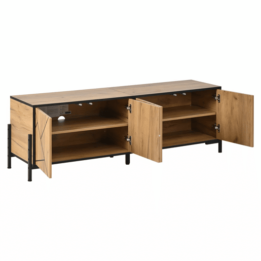 Móvel baixo para televisão 153 x 40 x 50 cm - 4 portas, design geométrico contrastante, adequado para televisores de 65 polegadas, linhas pretas - madeira natural