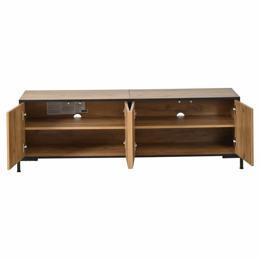 Móvel baixo para televisão 153 x 40 x 50 cm - 4 portas, design geométrico contrastante, adequado para televisores de 65 polegadas, linhas pretas - madeira natural