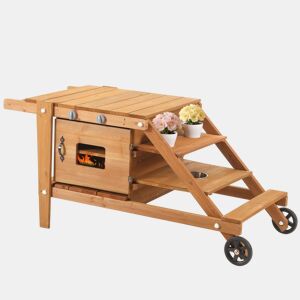 Cozinha infantil de exterior com rodas - cozinha de barro para crianças com acessórios, carrinho de comida em madeira, cozinha de jardim para crianças a partir dos 3 anos - natural