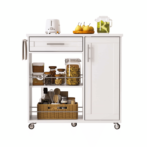 Carrinho de cozinha 90x40x90 cm - com bancada com efeito de mármore, gaveta, armário e prateleiras abertas, rodas com travão e toalheiro - branco