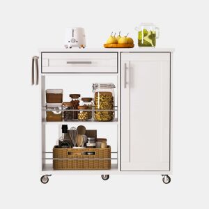 Carrinho de cozinha 90x40x90 cm - com bancada com efeito de mármore, gaveta, armário e prateleiras abertas, rodas com travão e toalheiro - branco