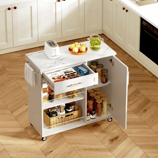 Carrinho de cozinha 90x40x90 cm - com bancada com efeito de mármore, gaveta, armário e prateleiras abertas, rodas com travão e toalheiro - branco