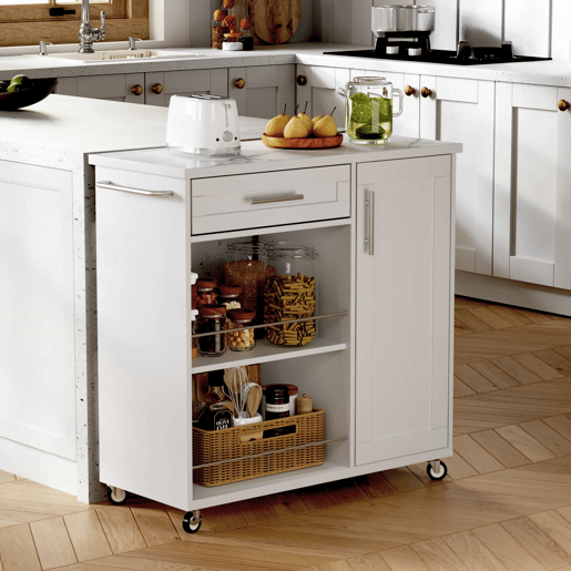 Carrinho de cozinha 90x40x90 cm - com bancada com efeito de mármore, gaveta, armário e prateleiras abertas, rodas com travão e toalheiro - branco